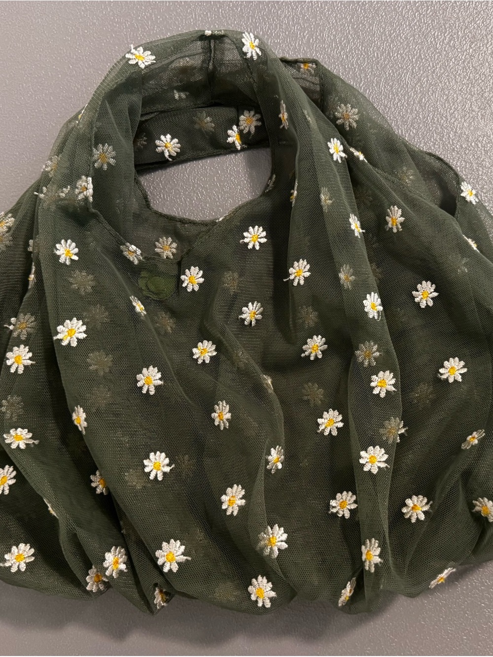 NATURAL LIFE Olive Green Mesh Hobo with White & Yellow Daisy Embroidery Small
